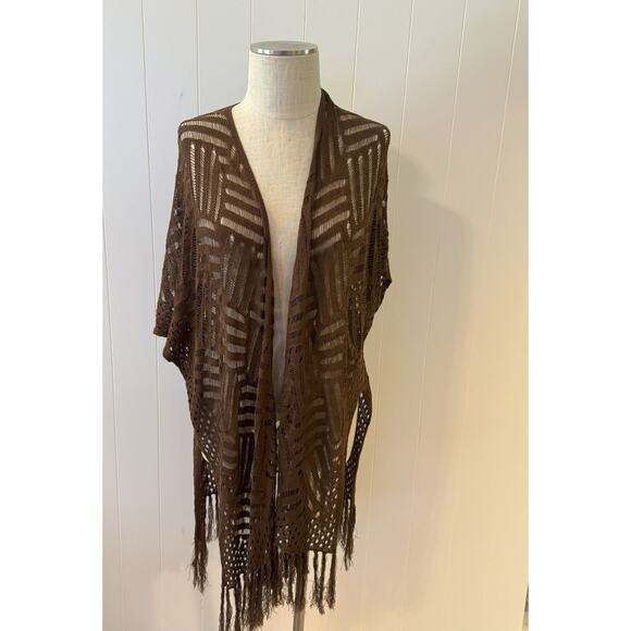 Brown Open Knit Crochet Fringe Kimono Cardigan One Size - Picture 2 of 8